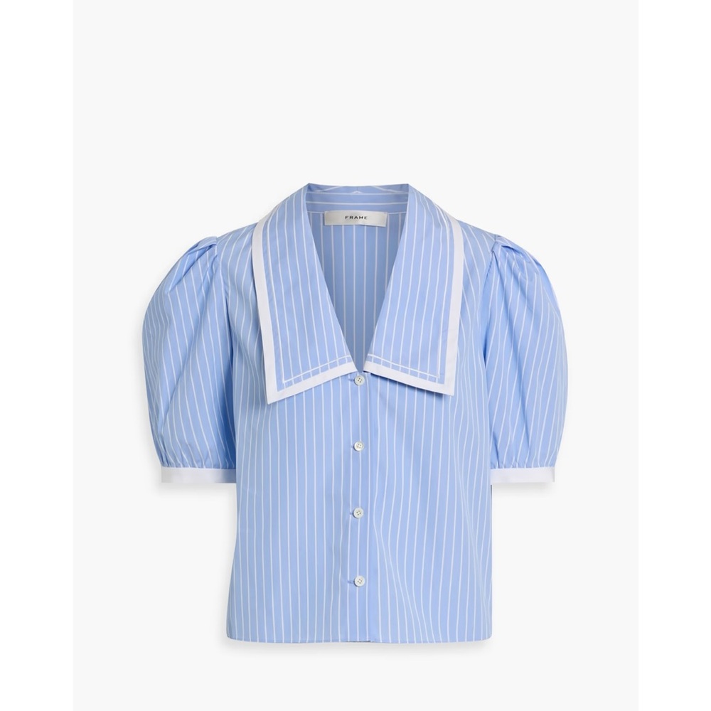 Frame Denim Light Blue Pinstripe Puff Sleeve Sailor Collar Shirt 100% Cotton